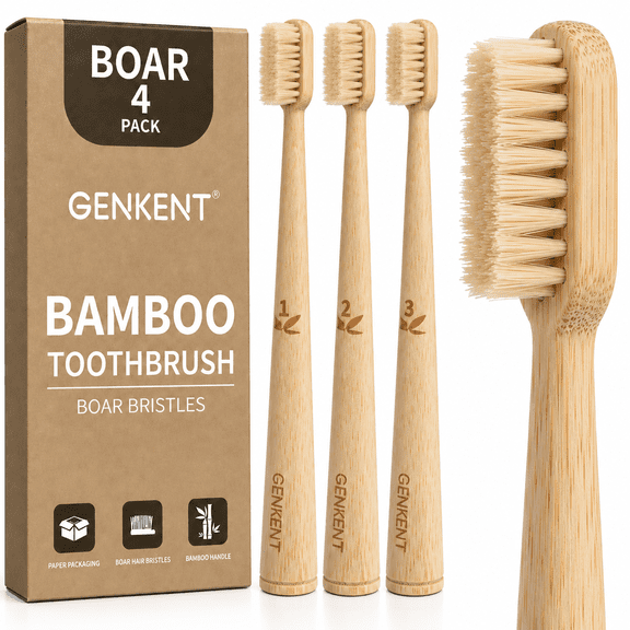 GENKENT Boar Bristle Bamboo Toothbrush, 4 Pack BPA-Free and Plastic-Free Firm Bristles Manual Toothbrush, Numbered Handles with Stand-Up Base Toothbrush for Adults