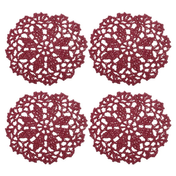 Fabric Coasters, 4pcs 4" - Cotton Woven Crochet Doilies, Lace Embroidery Cup Mat with Floral Pattern (Claret)
