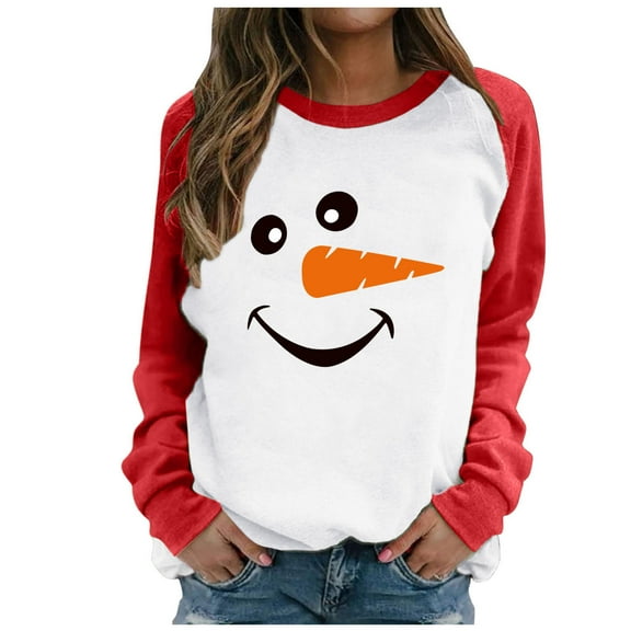 Womens Long Sleeve T Shirts Christmas Tops Casual Crewneck Print Pullover Santa Xmas Tees Blouses