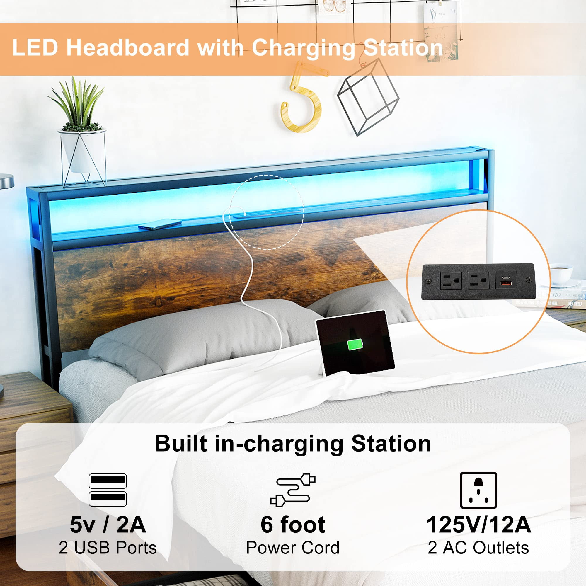LED Full Size Shelf Bed Frame with Storage, 4 Drawers, USB Ports, Industrial Wood & Metal, Brown  (图3)