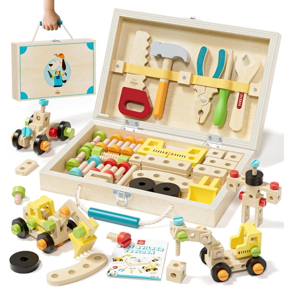 Lehoo Castle Ensemble d'Outils en Bois pour Enfants, Jouets Éducatifs Montessori pour Tout-Petits 3+, Boîte à Outils de Jeu d'Imitation Jouet de Construction STIM, Cadeaux d'Anniversaire