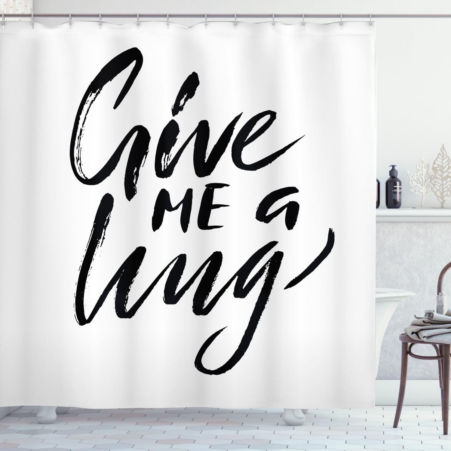 Hug Shower Curtain, Love Theme Monochromatic Calligraphy of Give Me a