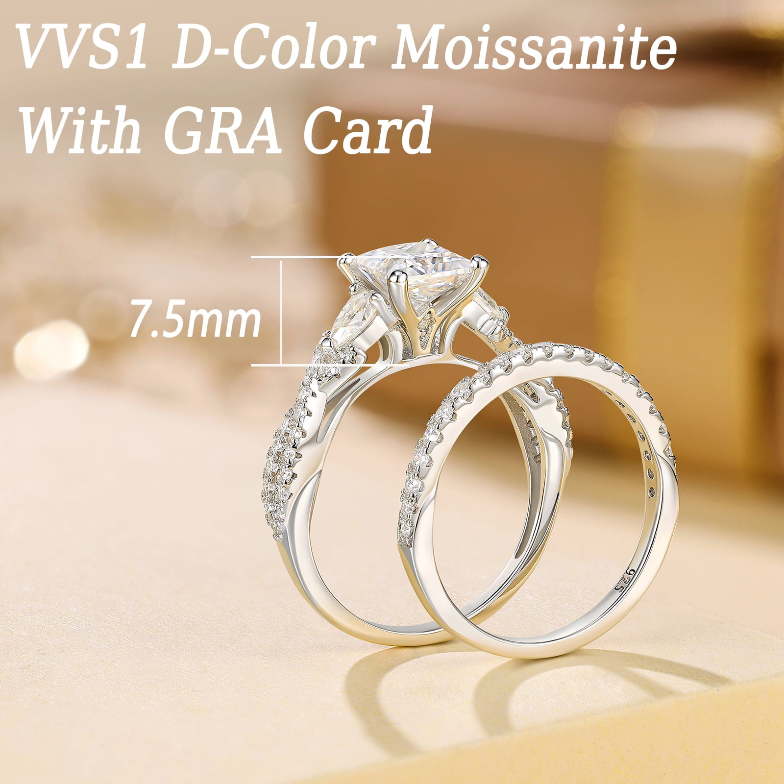 Newshe Jewellery 2 Carat Princess Moissanite Wedding Rings for Women Twisted Band VVS1 D Color Serling Silver Size 9