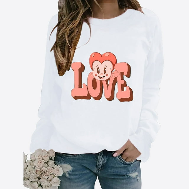 Meichang T-Shirt de la Saint-Valentin pour Femmes Mignon Cœur Graphique Hauts de Vacances Manches Longues Col Rond Sweat-Shirt Décontracté de Printemps