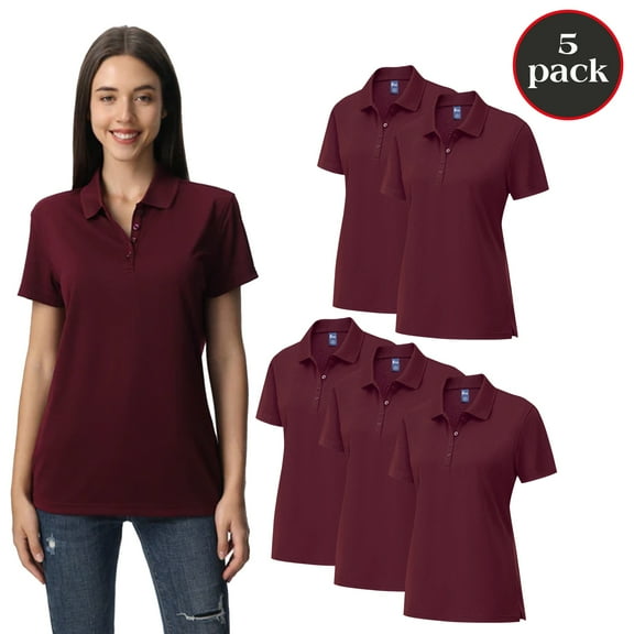 Zfeel Dry Fit Performance Women Polo T-Shirt, Poly Moisture Wicking Casual Shirt, Maroon Tee 5 Pack, Size S