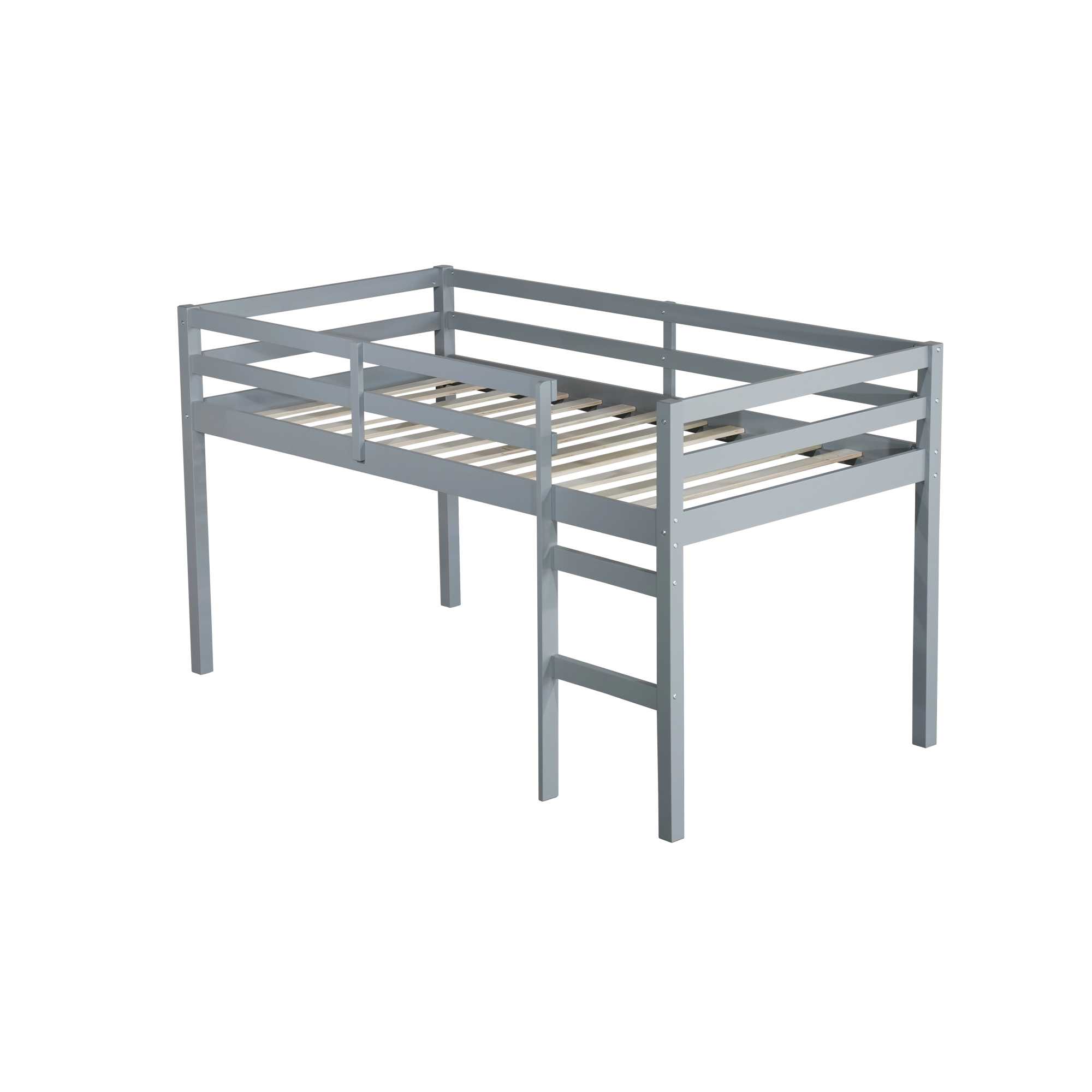 Leumius Twin Loft Bed with Ladder, Bed Platform of Strengthened Slats Solid Wooden Bed for Boys Girls Grey