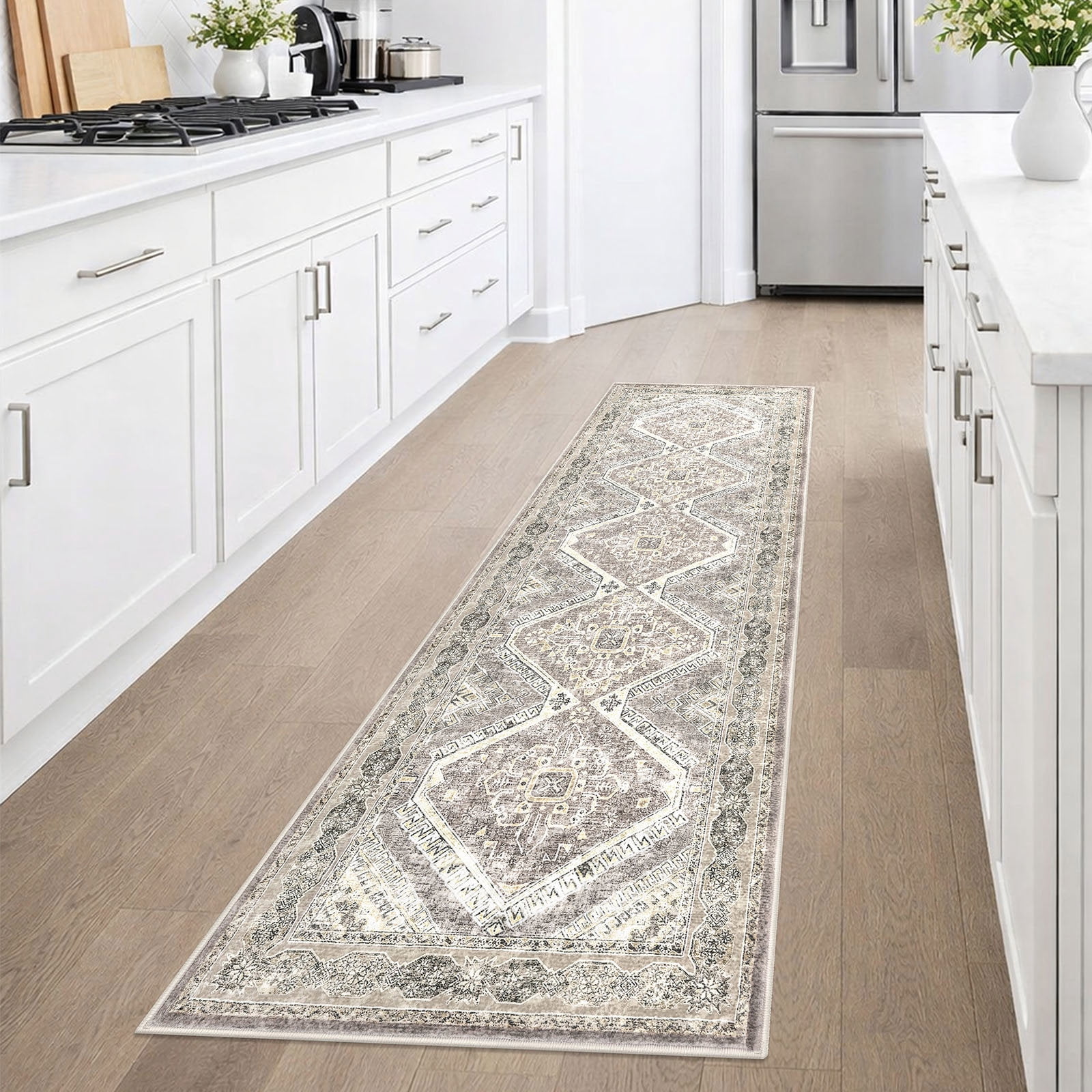 GLATTICE Runner Rug 2x6 Ivory Grey Vintage Floral Rug Boho Rug Runner Non-Slip Washable Kitchen Runner Soft Printed Retro Flower Carpet Runner for Bedroom Laundry Entryway