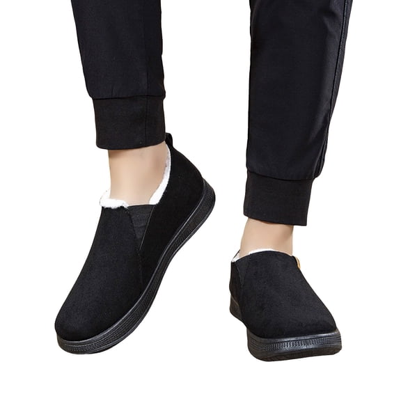 Pandaie Winter Boots for Men Suede Slip on Snow Booties Fleece Lined House Shoes Casual Loafers Indoor Outdoor Walking Moccasin Black 8.5
