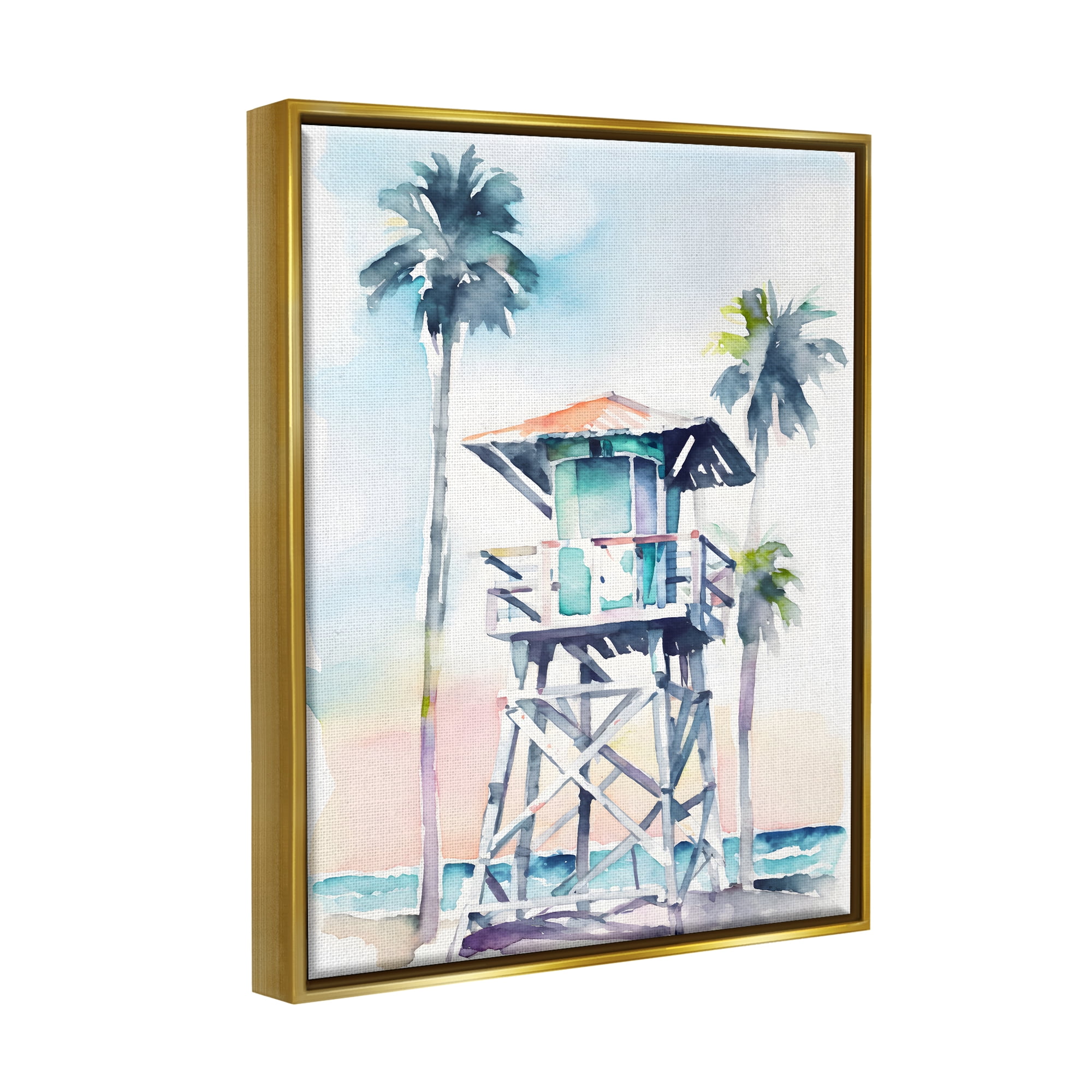 Stupell Industries Lifeguard Hut on Beach Landscape Painting Gold Floater Framed Canvas Art Print Wall Art, 17 x 21