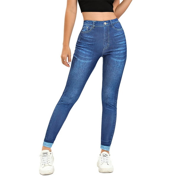 Bellella Ladies Fake Jeans Skinny Leggings Ankle Length Faux Denim Pant  Stretch High Waist Pencil Pants Sport Trousers Blue L