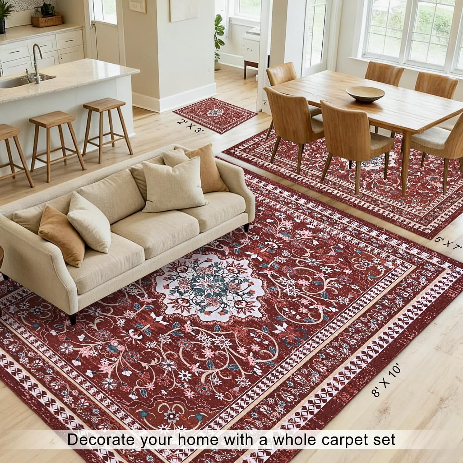 Bleum Cade 8'x10' Area Rugs for Living Room, Washable Rugs Vintage Rugs for Bedroom Dinning Room,Boho Floral Rug Ultra Soft Non Slip Durable Large Carpet Home Decor, Red