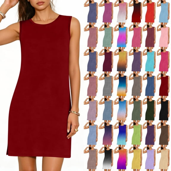 Yertdoel Summer Dresses for Women Sleeveless Wide Strap Solid Color Round Neck Side Slit Loose Fitting Mini Sundresses Daily Soft Cozy Lightweight Casual Dress