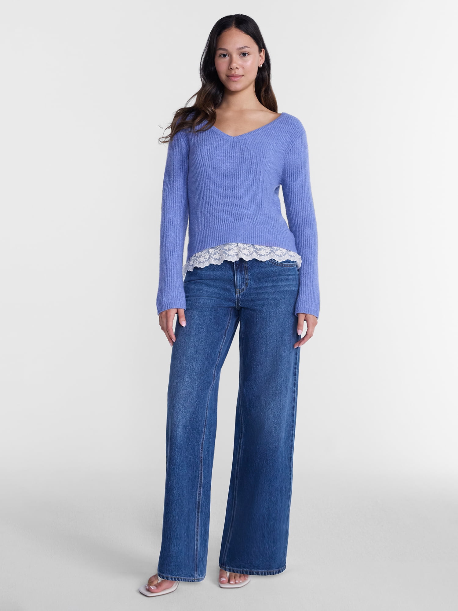 No Boundaries V-Neck Pullover Sweater with Lace Trim, Women's, Sizes XS-XXXL