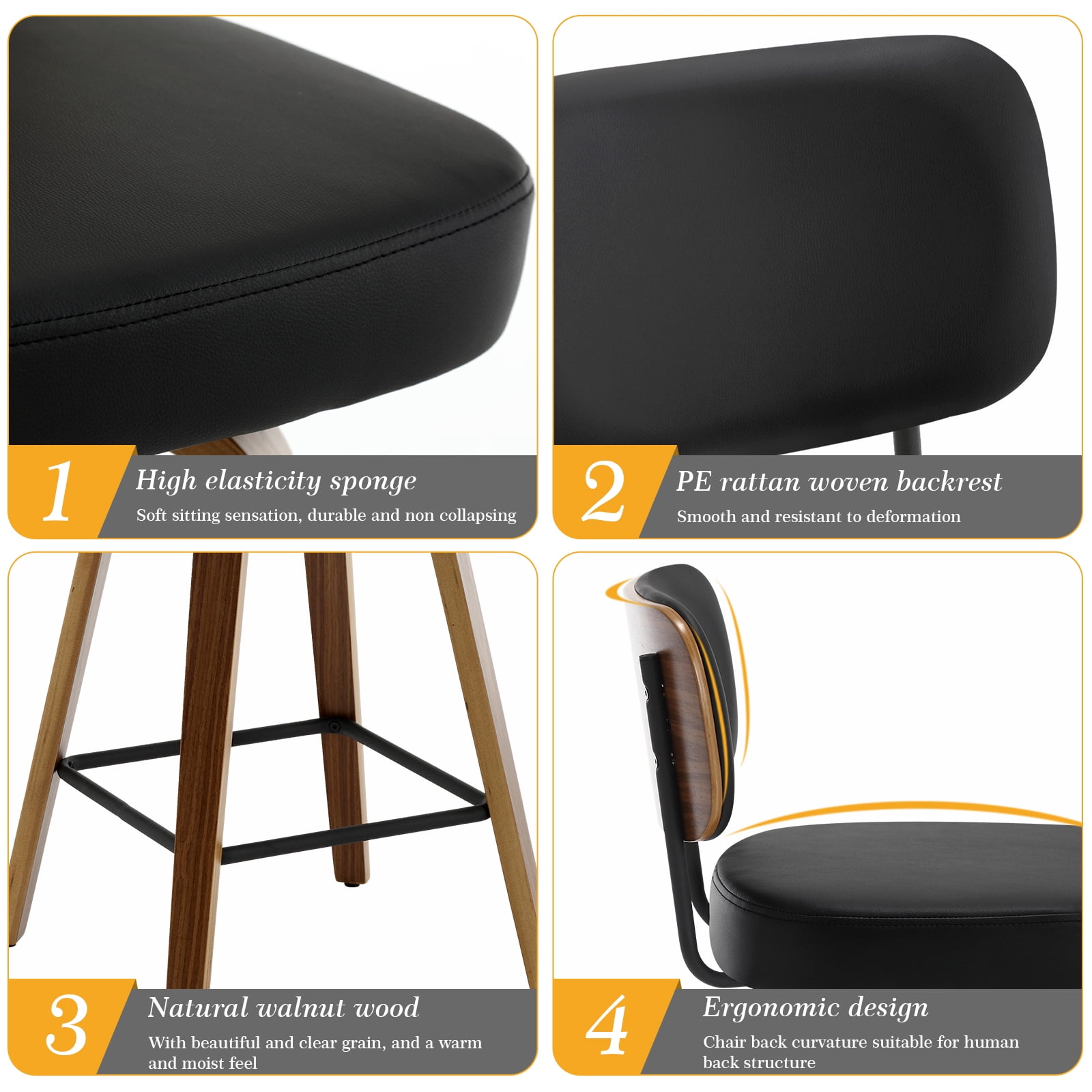 Swivel Counter Height Bar Stools, Set of 4, 26" Upholstered PU Leather Barstools with Back Wood Legs, Mid Century Modern Bar Chair Island Stool for Kitchen Counter, Black