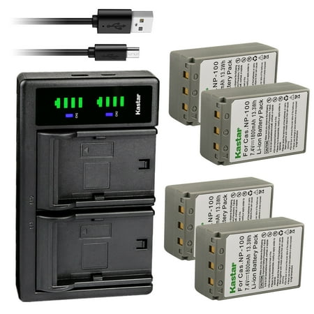 Kastar 4-Pack CNP100 Battery and LTD2 USB Charger Compatible with Casio NP-100 NP-100L NP-100DBA Battery Casio BC-100L Charger Casio Exilim Pro EX-F1 EXF1 Exilim Pro EX-F1BK EXF1BK Camera