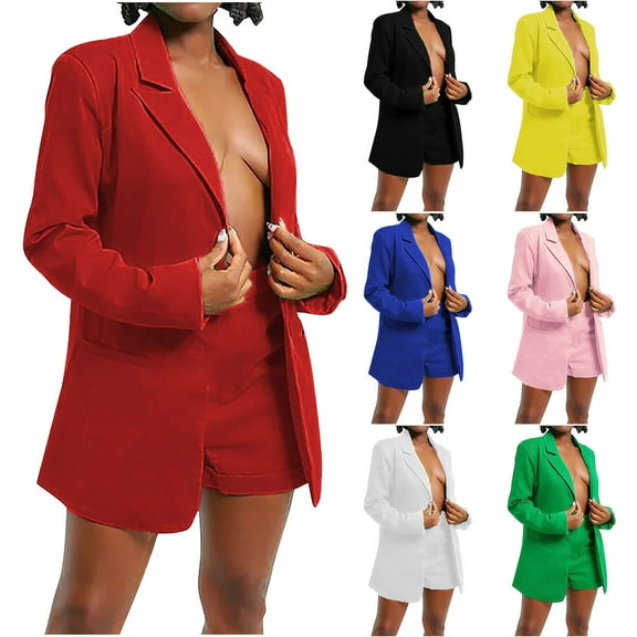 Jinhomg Womens Blazer Shorts Suits Oversized Long Sleeve Open Front Cardigan Jackets with Dress Shorts 2 Piece formal Business Outfits Black M