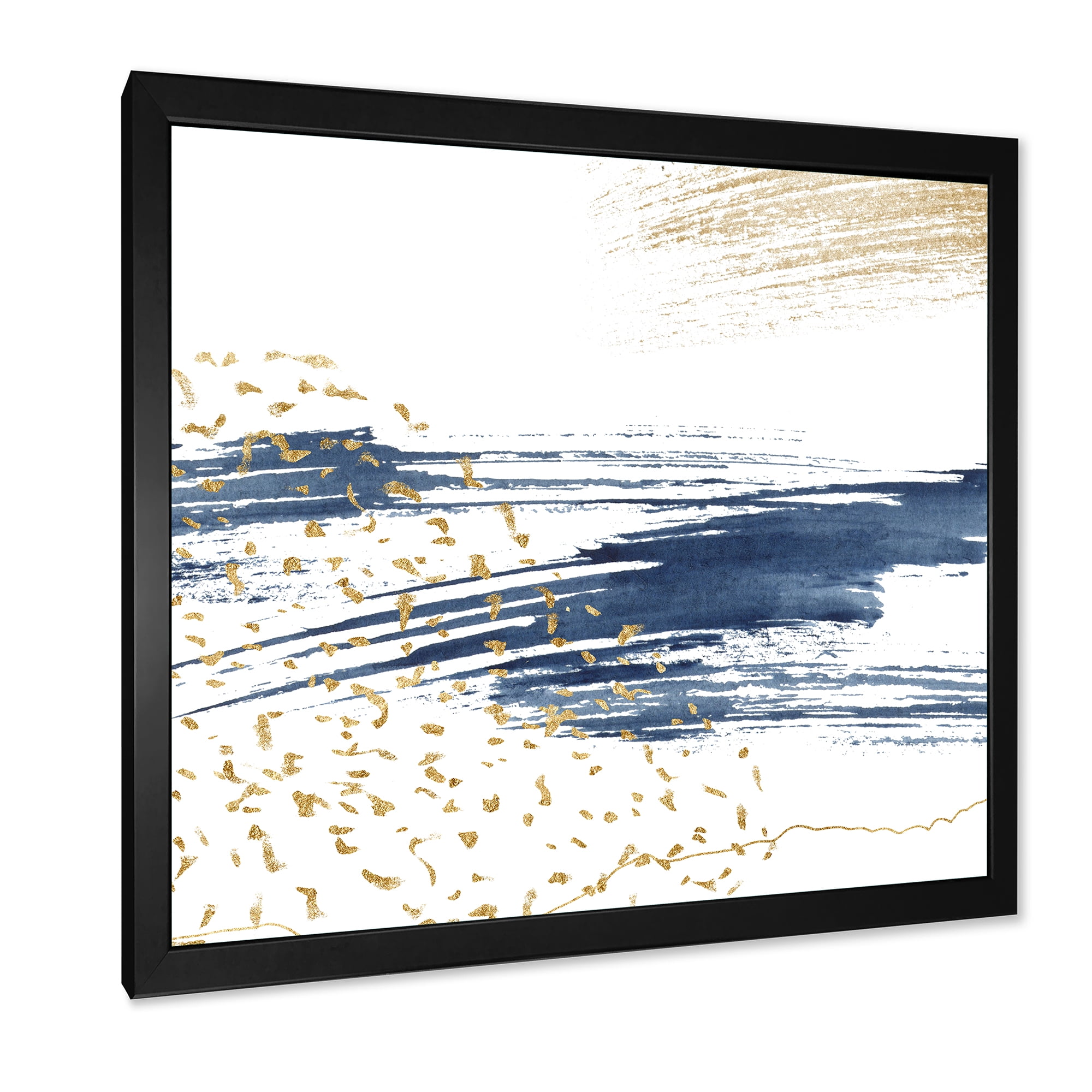 Designart 'Gold and Dark Blue and Abstract I' Modern Framed Art Print