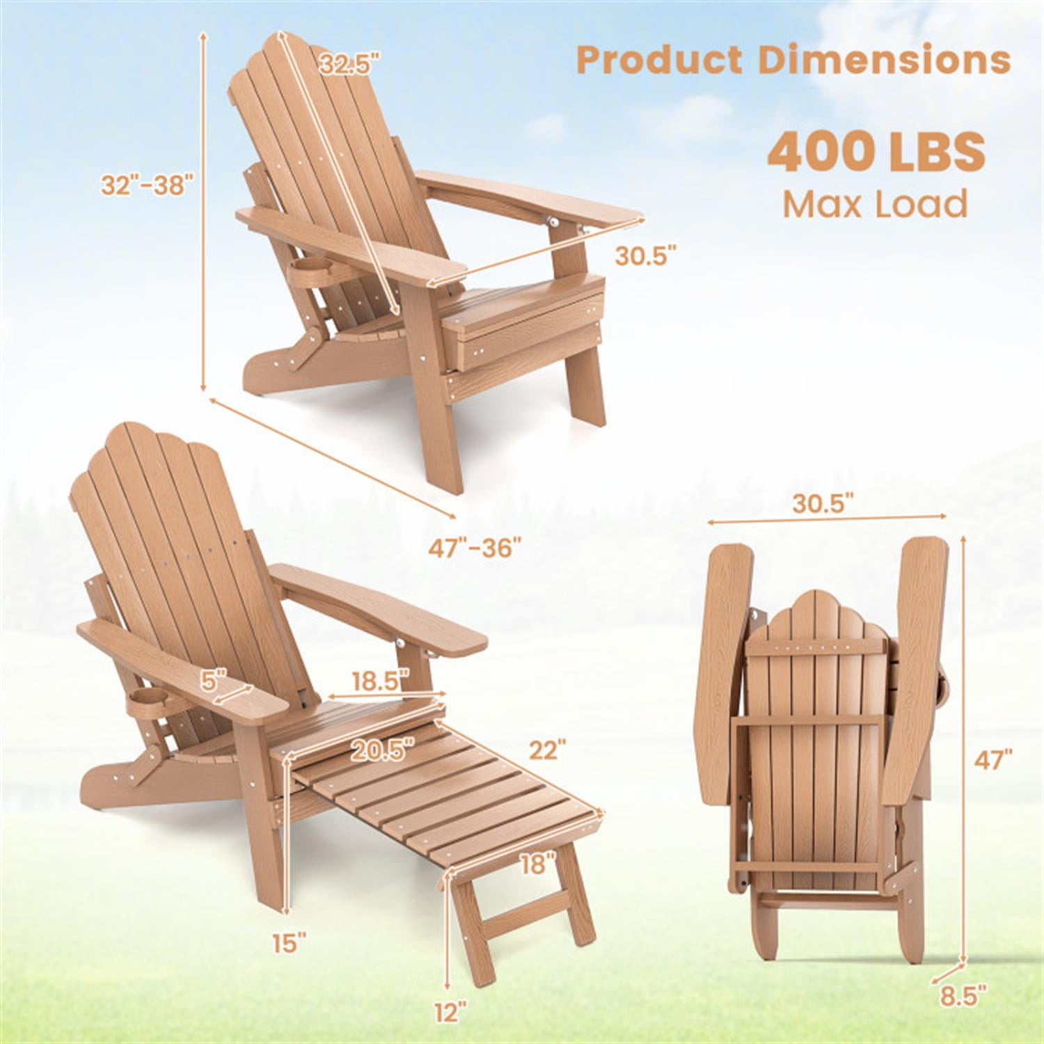 Demi Bonn All-Weather HIPS Patio Adirondack Lounge Chair with Retractable Footrest, Outdoor Accent Furniture Lounge Chairs for Yard, Garden, Brown