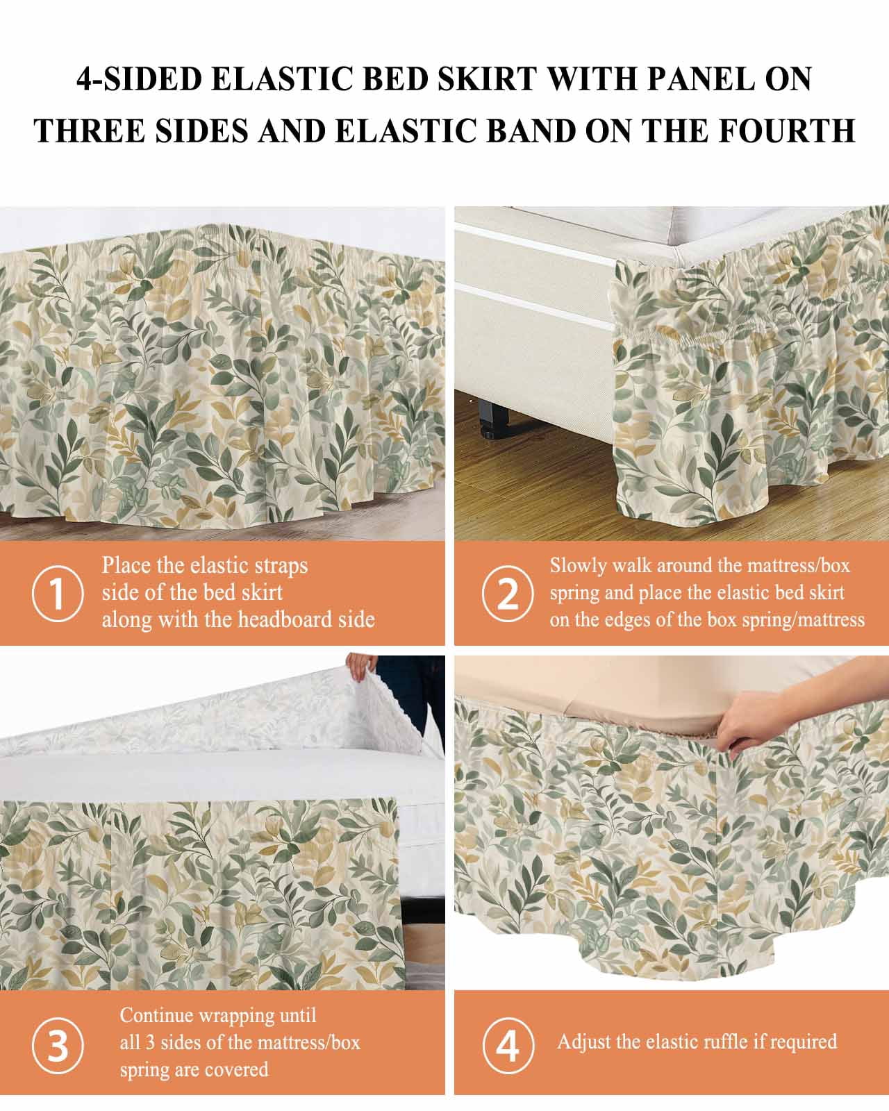 Sage Green Yellow Botanical Wrap Around Bed Skirts for Queen Bed 16" Drop,Bed Skirt with Adjustable Elastic Belt Dust Ruffle Bed Valance for Bedroom Hotel Luxury Spring Summer Vintage Bed Frame Cover