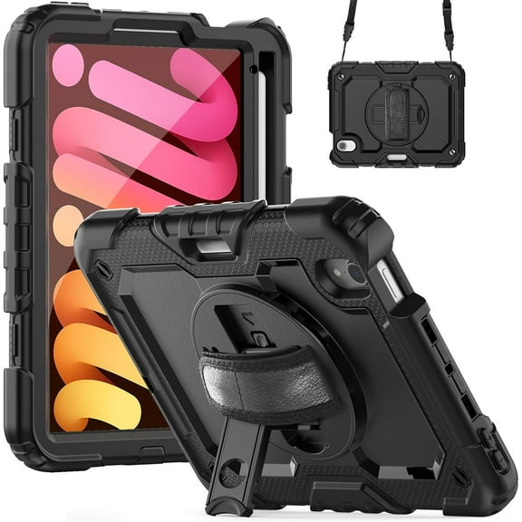 Case for iPad Mini 7 (A17 Pro)/Mini 6th Case 8.3 inch (2024/2021), Heavy Duty Shockproof Protective Case with Screen Protector, 360° Rotating Stand, Hand/Shoulder Strap and Pen Holder