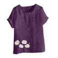 thumbnail image 4 of Cmfcve Women's Graphic Tops Short Sleeve Round Neck Cotton Linen Tee Shirt Daisy Printed Henley Button Blouse, 4 of 5
