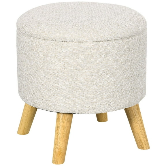 Linen Upholstered Round Storage Ottoman | Wood Legs Padded Seat Hidden Space Stool