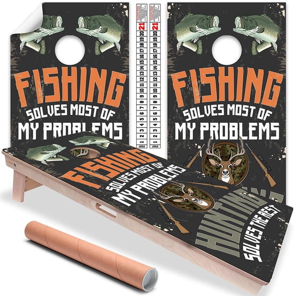 Cornhole Board Wraps and Decals for Boards Set of 2 Skins Professional Vinyl Covers Sticker Fishing Solves Most of My Problems Hunting Solves the Rest Cornhole Wraps Cornhole Skins Wraps for Boards
