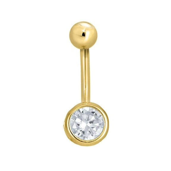 JewelStop 14K Yellow Gold Round CZ Navel Ring Body Jewelry, 1.2gr.