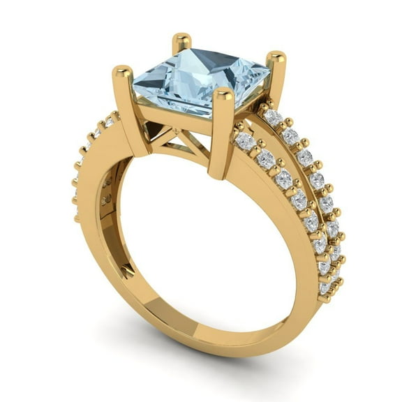 2.48ct princess cut blue natural aquamarine 18k yellow gold Bridal Wedding Engagement Promise Anniversary Ring for Women size 3.75