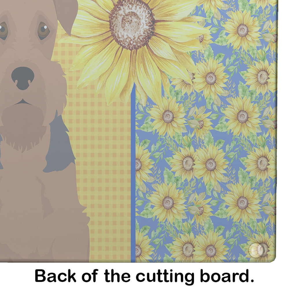 Summer Sunflowers Grizzle and Tan Airedale Terrier Glass Cutting Board Large 12 in x 15 in