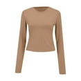 thumbnail image 3 of Women's T-Shirt Crewneck Long Sleeve Double-Lined Side Ruched Crop Casual Top - Pink/Hot Pink/Purple/Blue/Dark Blue/Grey/Beige/Red/Orange/Khaki/Green/Brown - S/M/L | Yubnlvae (Khaki | M), 3 of 9