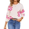 thumbnail image 3 of Floral Sweaters for Women Contrast Color Striped Crew Neck Long Sleeve Loose Knit Pullover Tops Apricot L, 3 of 10