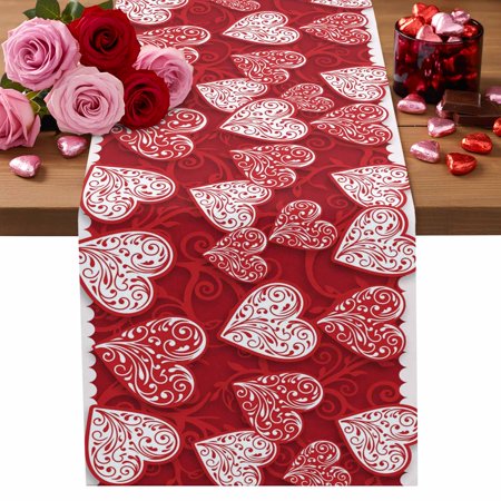 Valentine s Day Cotton Linen Table Runner Abstract Romantic Red White Floral Love Heart Red Dining Table Runners for Home Decor Party Dining Room Restaurant Kitchen Party 13 x 60