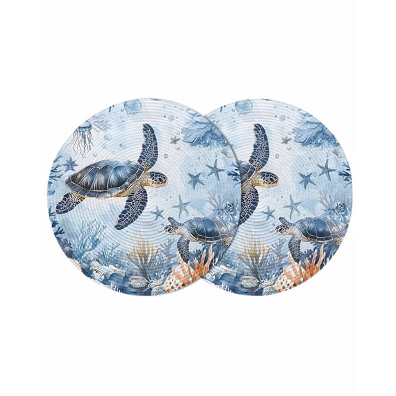 Coastal Beach Round 15 Inch Placemats Set of 2, Sea Turtle Nautical Coral Starfish HeatResistant Non Slip Place Mats for Dining Table, Wipeable Braided Kitchen Table Mats for Housewarming