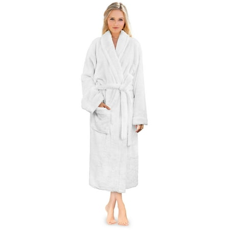 

PAVILIA Premium Womens Plush Soft Robe Fluffy Warm Fleece Sherpa Shaggy Bathrobe (L/XL White)