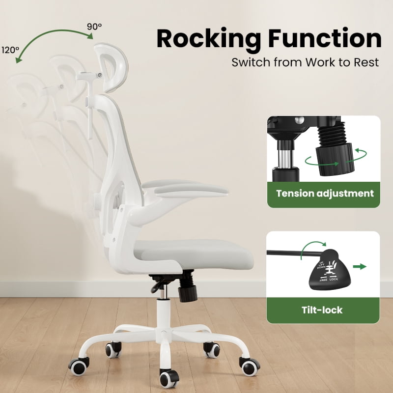 Ergonomic Office Chair, Home Office Desk Chair with Headrest, High Back Computer Chair with Armrests and Adjustable Lumbar Support for Home Office Study Room, White & Khaki