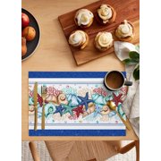 Placemats 1 Pack, Navy Starfish Summer Woven Placemat, Linen Place Mats for Kitchen/Dining Tables, Ocean Conch Coral Coastal Shell Washable Table Mats for Party