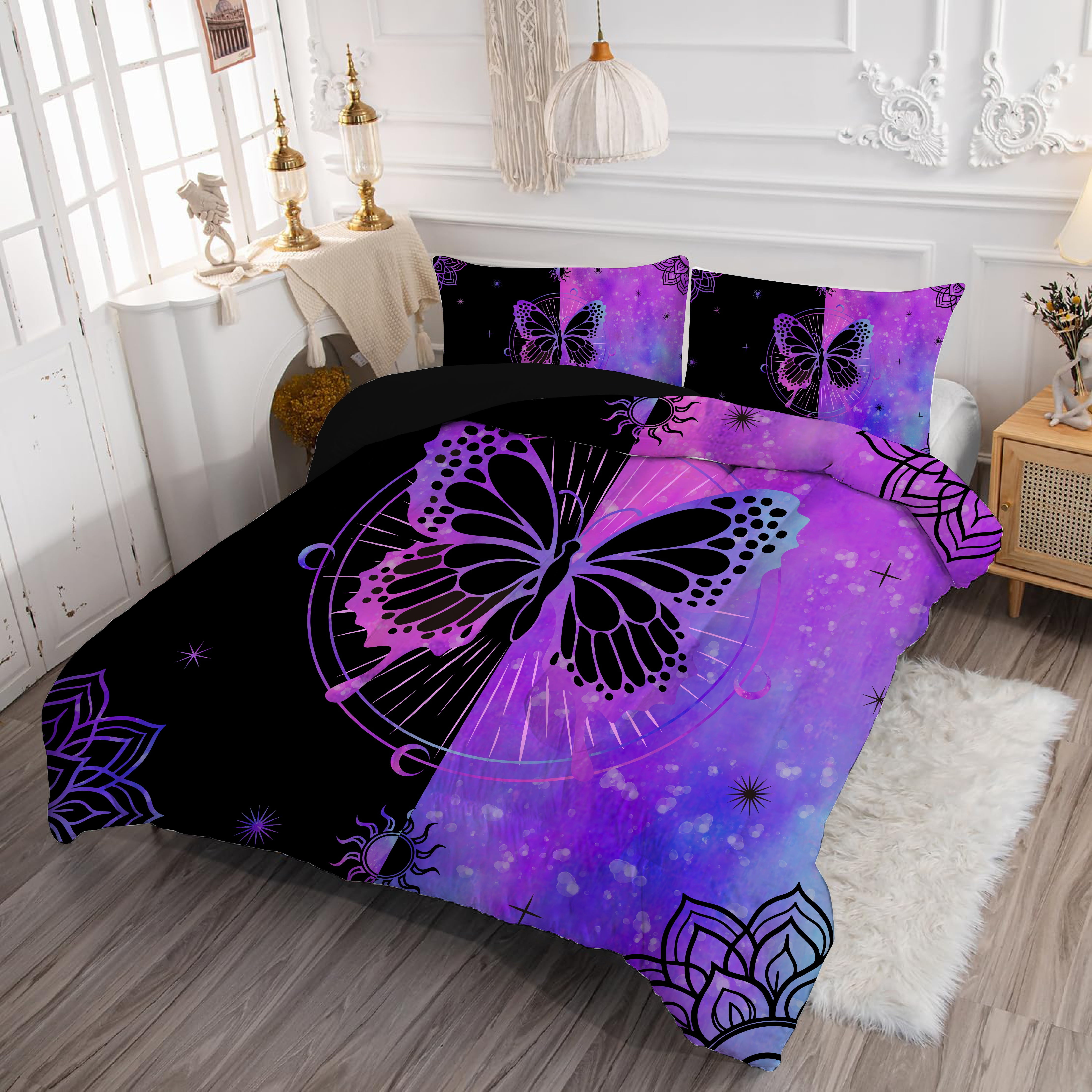 Psoiuetr Butterfly Comforter Set Queen Size for Girls Kids Teens Black Blue Purple Tie Dye Bedding Set 3 Pieces