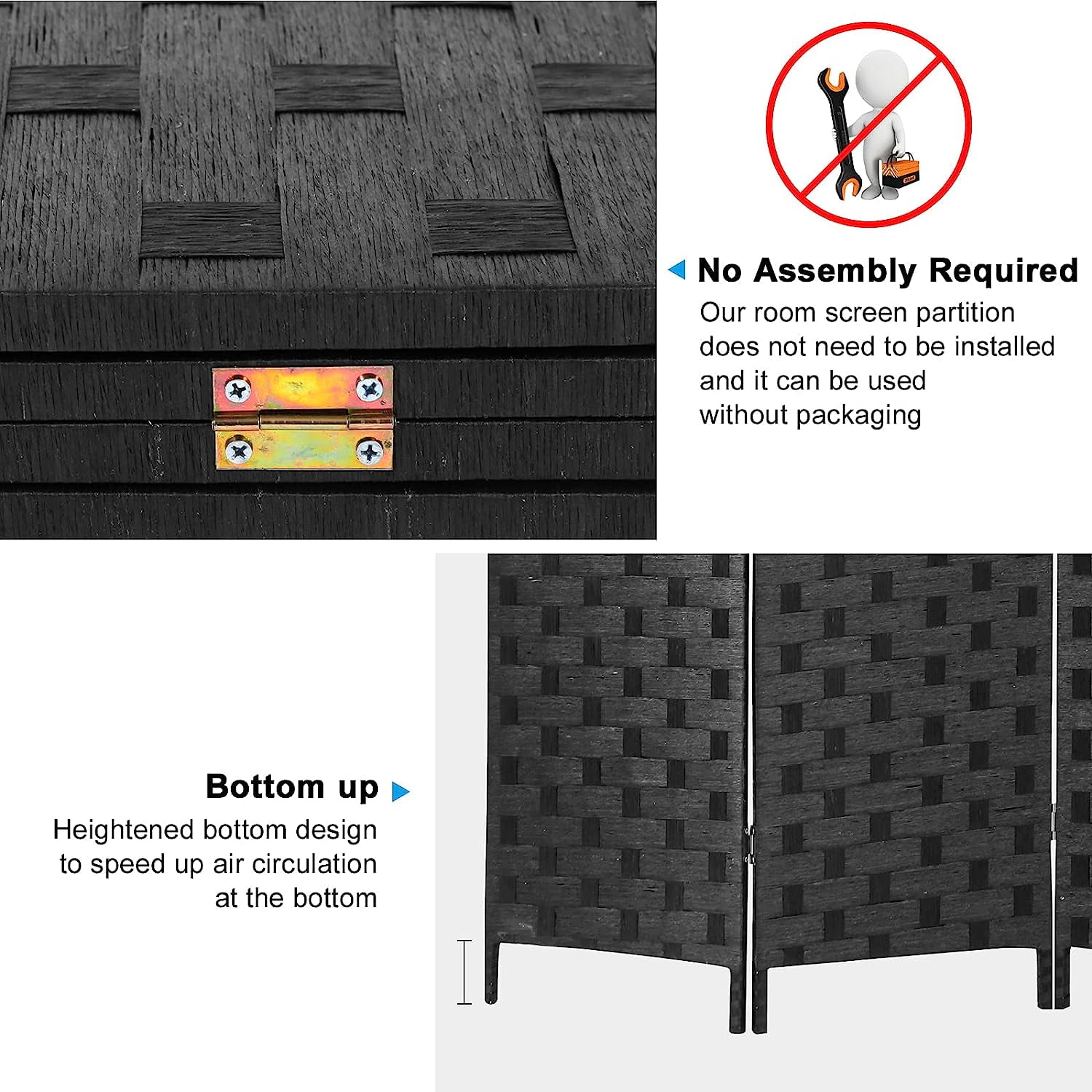 NiamVelo 4 Panel Wood Room Dividers Folding Privacy Screen Portable Screen Partition Wall Dividers for Home Office, Black