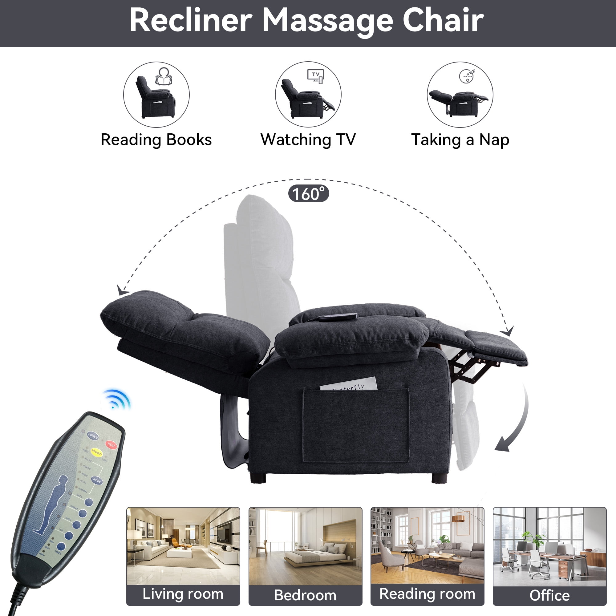 NEW 160°Recliner Chair for Elderly -Manual Push Back Reclining Chair with 8-Point Massage & Heating, Remote Control, Side Storage Pockets for Living Room, Bedroom, Black