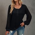 thumbnail image 3 of Camisas con costuras de encaje para mujer Camisas con cuello redondo y botones en la parte delantera Jersey cómodo de manga larga Negro M, 3 of 6