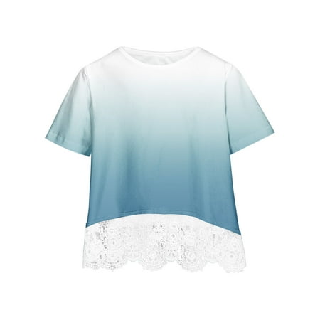 

FAIWAD Girls Tunic Tops Short Sleeve Lace Trim Print Tops Casual Basic Loose Pullover Blouse Tops