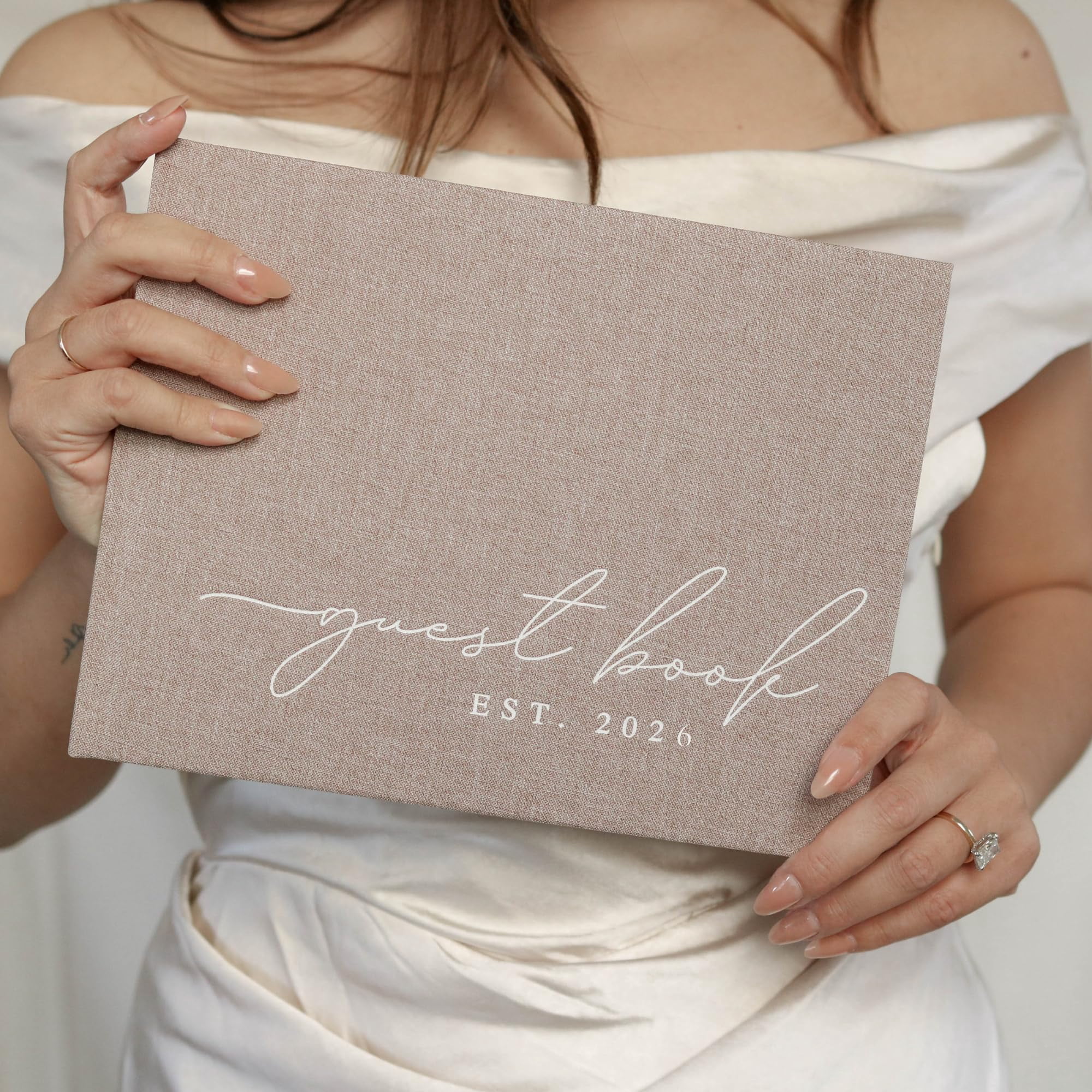 Wedding Guest Book With Personalized 2026 Year - Linen Photo Guestbook to Sign at Reception Party - Includes Clear Photo Corners Self Adhesive - 100 Pages Blank and Lined Thick Paper Guest Books