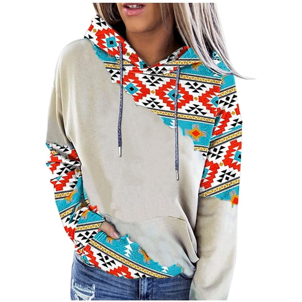 Sudadera con estampado geométrico para mujer Costura con capucha Impreso Tops sueltos Blusa Pompotops gfhjh12616