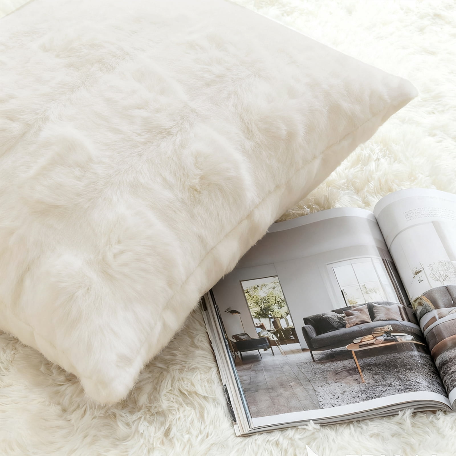 Sanmadrola Pillow Covers 18x18 Fluffy Faux Rabbit Fur Decorative Throw Pillows Case, Shaggy Decorative Cushion Covers for Sofa, Bedroom, Living Room, Cozy Home Décor, Set of 2