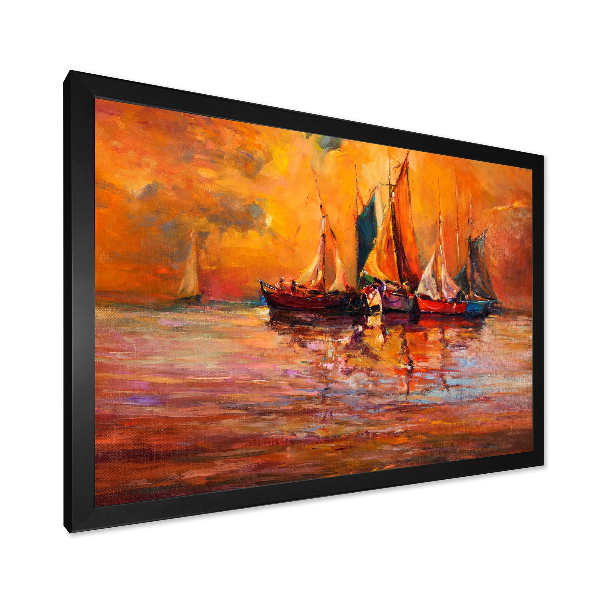 Boats During Evening Sunset In The Ocean I 20 in x 12 in Framed Painting Canvas Art Print, by Designart