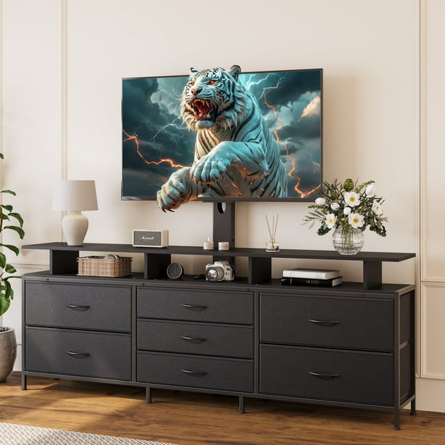 GUNAITO Meuble Télé avec Support Ajustable pour Télé jusqu'à 75 Pouces, Grand Meuble Télé pour Salon avec Rangement, Noir