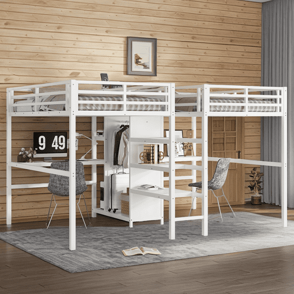 Twin Over Twin Loft Bed with Desk & Wardrobe, Space-Saving Metal Loft Bed with Electrical Outlet, Shelves & Storage, Study Loft Bed for Bedroom & Small Spaces, White