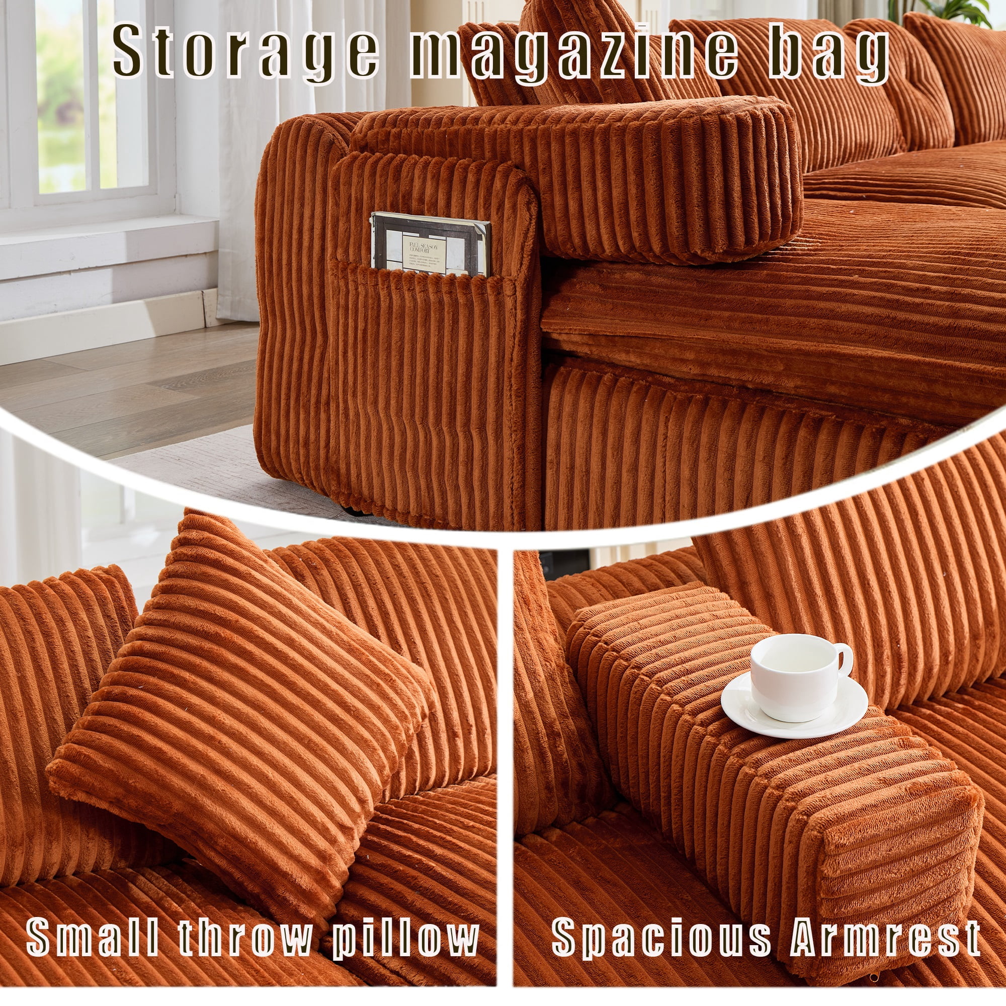 Howcool 149"W Oversized Modular Sectional Sofa,7-in-1 Corduroy U Shaped Sofa Couch with Double Chaise Lounge,Convertible Sleeper Sofa Bed,Deep Seat Cloud Couch for Living Room,Orange