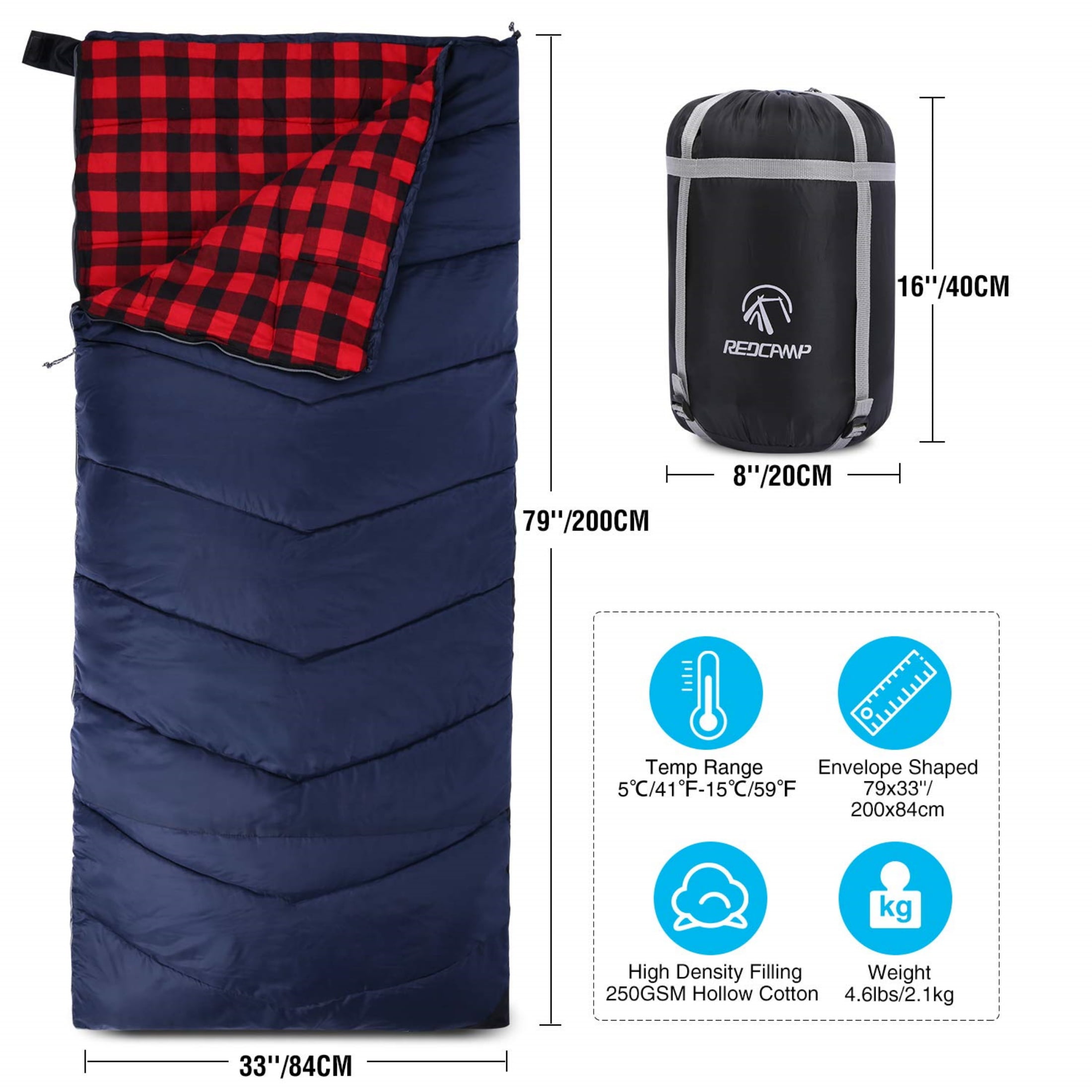 RedSwing Cotton Flannel Sleeping Bag, Cold Weather Envelope Style for Adults, 2 lb Fill, Camping and Backpacking